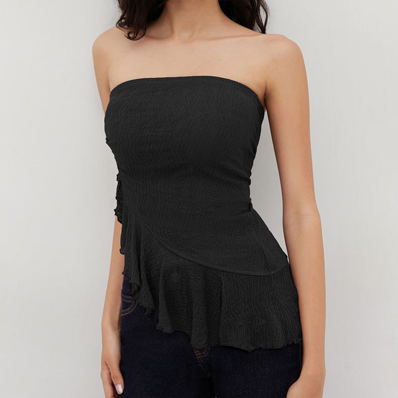 European And American Pure Color Tube-top Voile Wavy Edge Sexy T-shirt