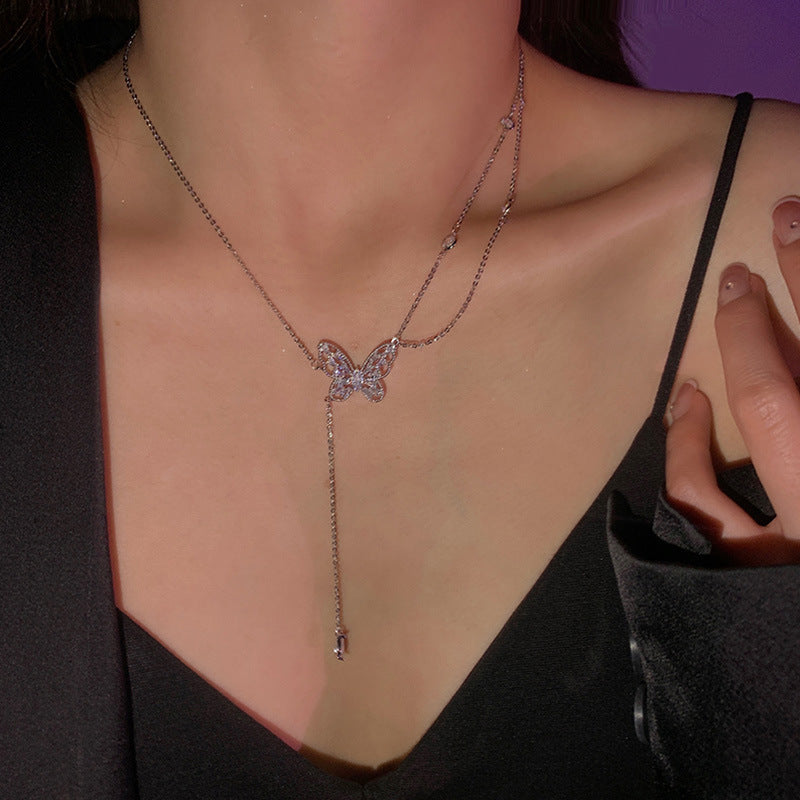 Double-layer Zircon Butterfly Tassel Necklace