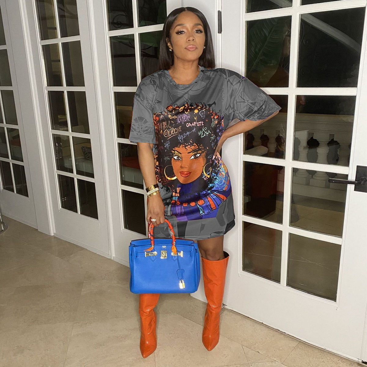 Printed Round Neck Short Sleeve Loose Dress