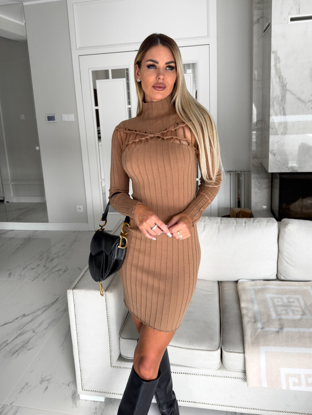 Sunken Stripe Slim Fit Slimming Half-high Collar Long Sleeves Knitted Dress