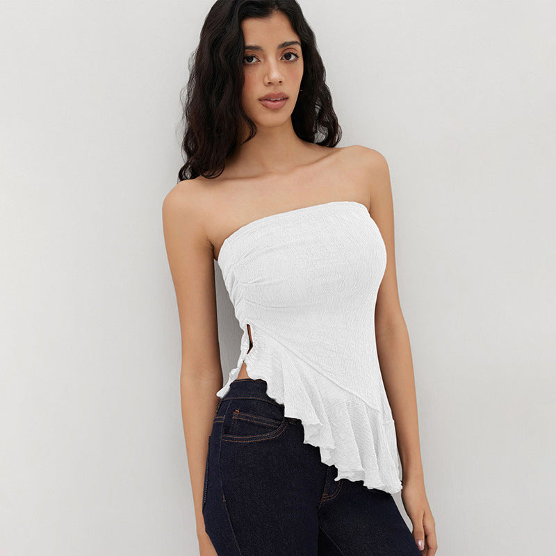 European And American Pure Color Tube-top Voile Wavy Edge Sexy T-shirt