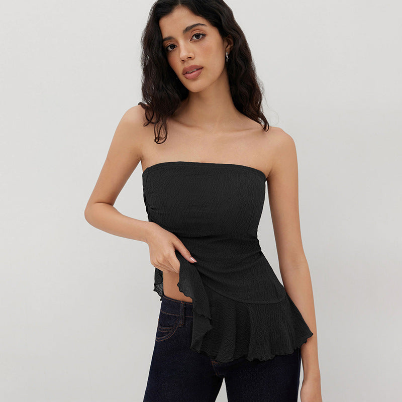 European And American Pure Color Tube-top Voile Wavy Edge Sexy T-shirt