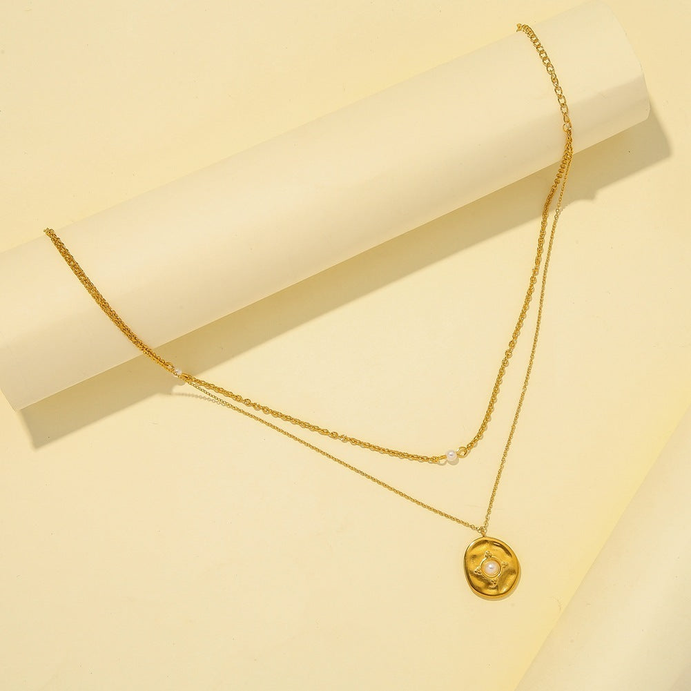 Coin Pearl Pendant Necklace Titanium Steel Necklace