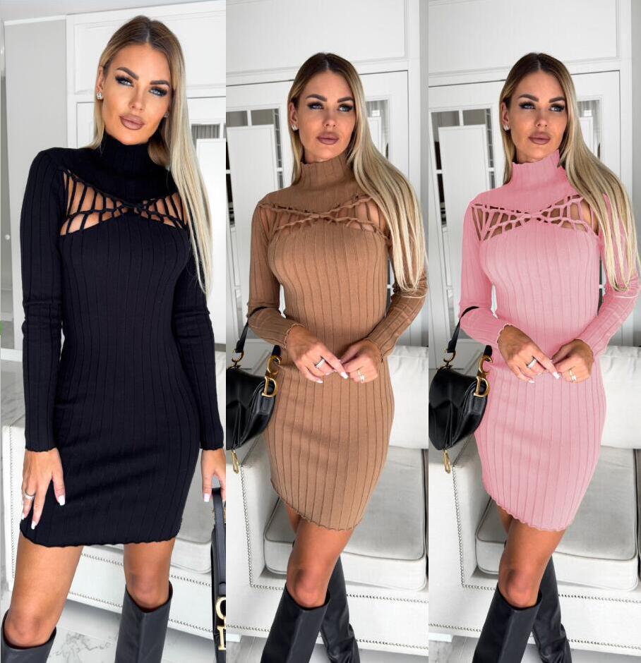Sunken Stripe Slim Fit Slimming Half-high Collar Long Sleeves Knitted Dress