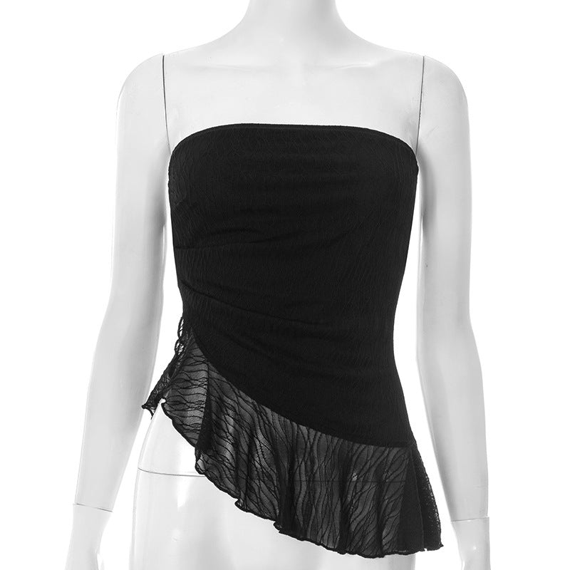 European And American Pure Color Tube-top Voile Wavy Edge Sexy T-shirt