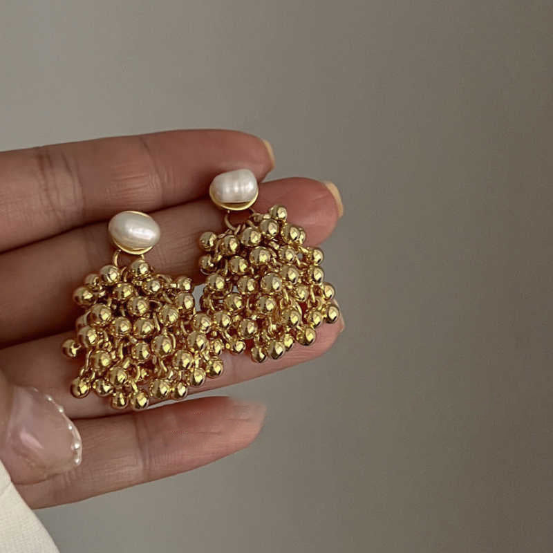 Pearl Metal Ball Long Earrings