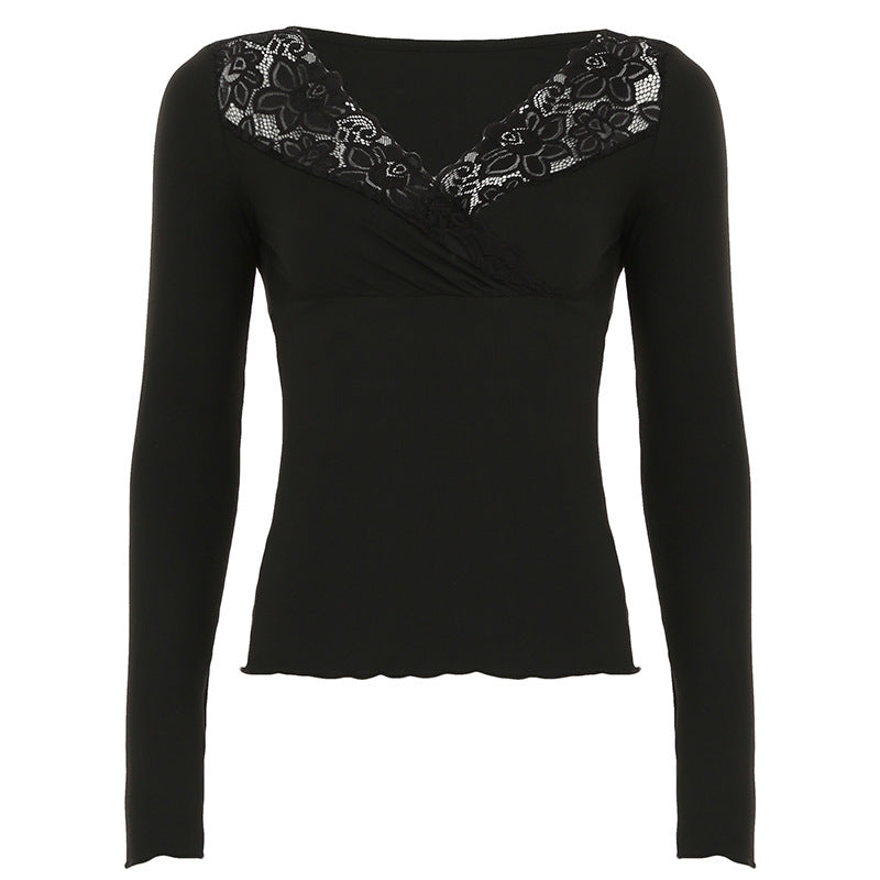 Lace Stitching Cross V-neck Long Sleeve