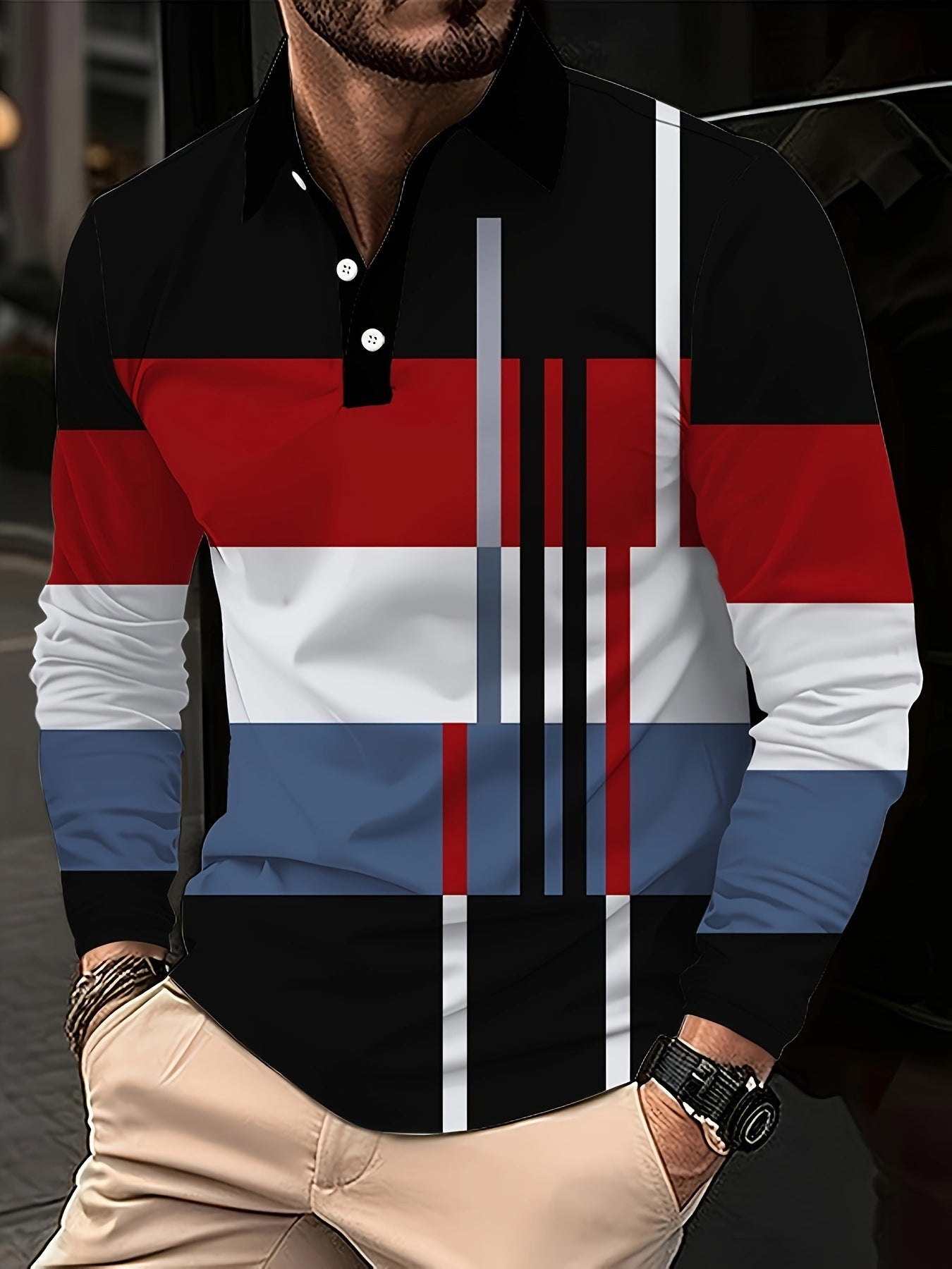 Men's Button Casual Slim Lapel 3D Printed Long Sleeve