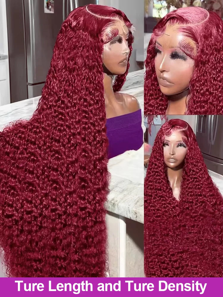 40 Inch Red Wig 99J Burgundy Lace Front Wig 13X4 Curly Human Hair Wigs Hd Lace Wig 13X6 Human Hair Colored Deep Wave Frontal Wig