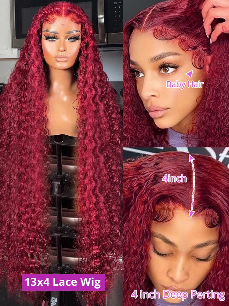 40 Inch Red Wig 99J Burgundy Lace Front Wig 13X4 Curly Human Hair Wigs Hd Lace Wig 13X6 Human Hair Colored Deep Wave Frontal Wig
