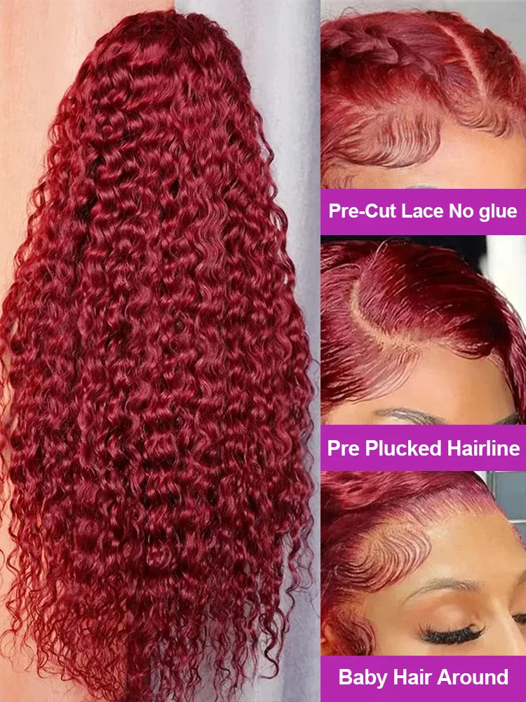40 Inch Red Wig 99J Burgundy Lace Front Wig 13X4 Curly Human Hair Wigs Hd Lace Wig 13X6 Human Hair Colored Deep Wave Frontal Wig