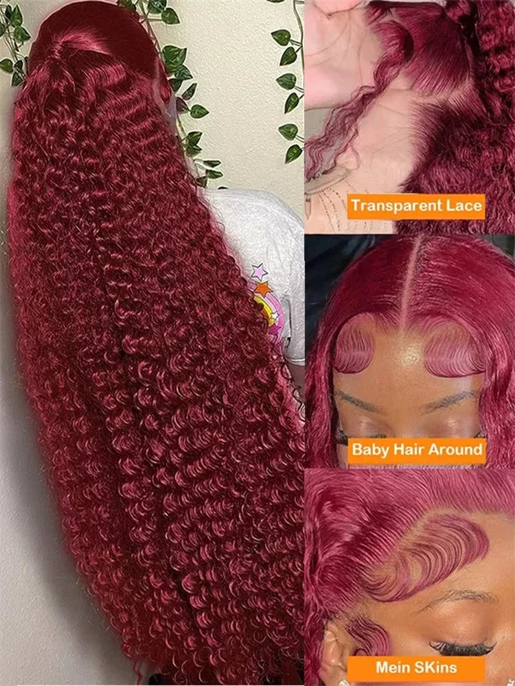 13x6 Deep Curly HD Lace Frontal Wig Transparent 13x4 99J Burgundy Curly Lace Front Wigs Red Colored Deep Wave Human Hair Wigs