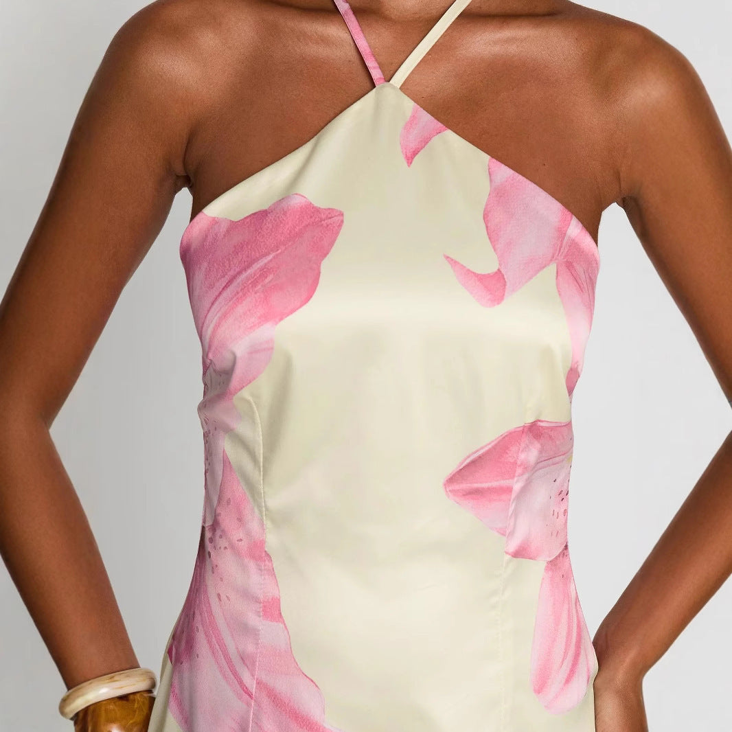 Sexy Suspender Flower Print Slim Fit Length Dress