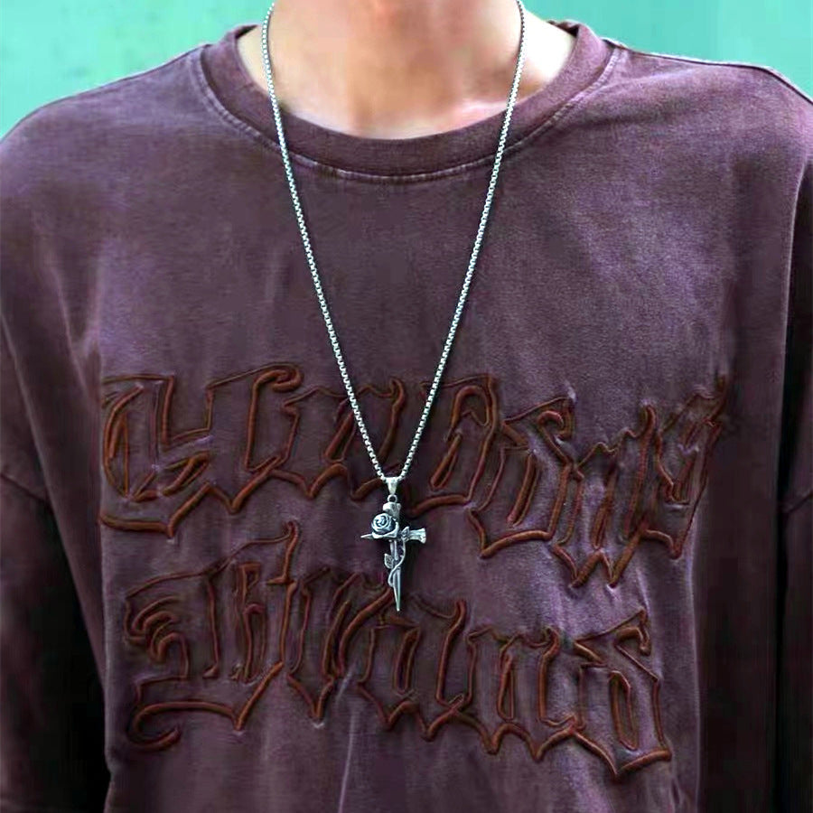 Vintage Rose Cross Titanium Steel Necklace Man