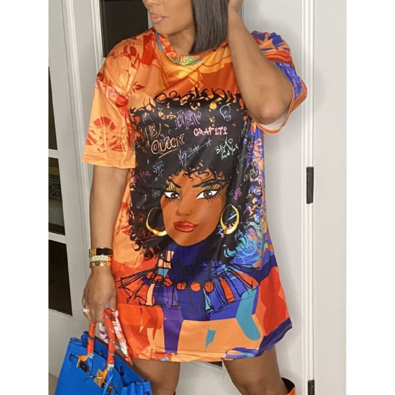 Printed Round Neck Short Sleeve Loose Dress