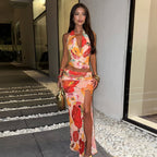 Sexy Hot Girl Flower Print V-neck Halter Split Dress Suit