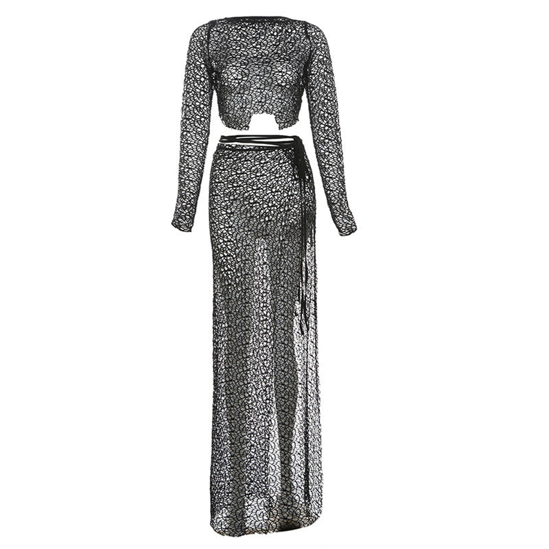 Fashion Lady Lace Hollow Out See-through Long-sleeve Suit