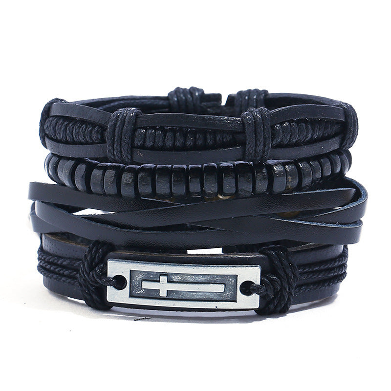 Vintage Braided Alloy Cross Leather Bracelet