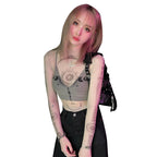 Sexy Hot Girl Style Pattern Printing Long Sleeve Mesh Inner Wear Slim Fit Slimming Top