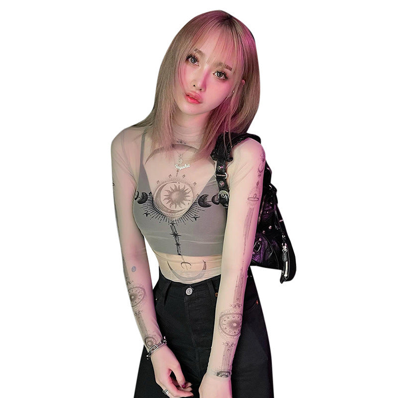 Sexy Hot Girl Style Pattern Printing Long Sleeve Mesh Inner Wear Slim Fit Slimming Top