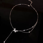 Double-layer Zircon Butterfly Tassel Necklace