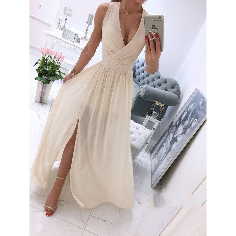 Women's Summer Sleeveless And Ankle Skirt Solid Color V-neck Front Split Long Dress