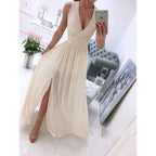 Women's Summer Sleeveless And Ankle Skirt Solid Color V-neck Front Split Long Dress