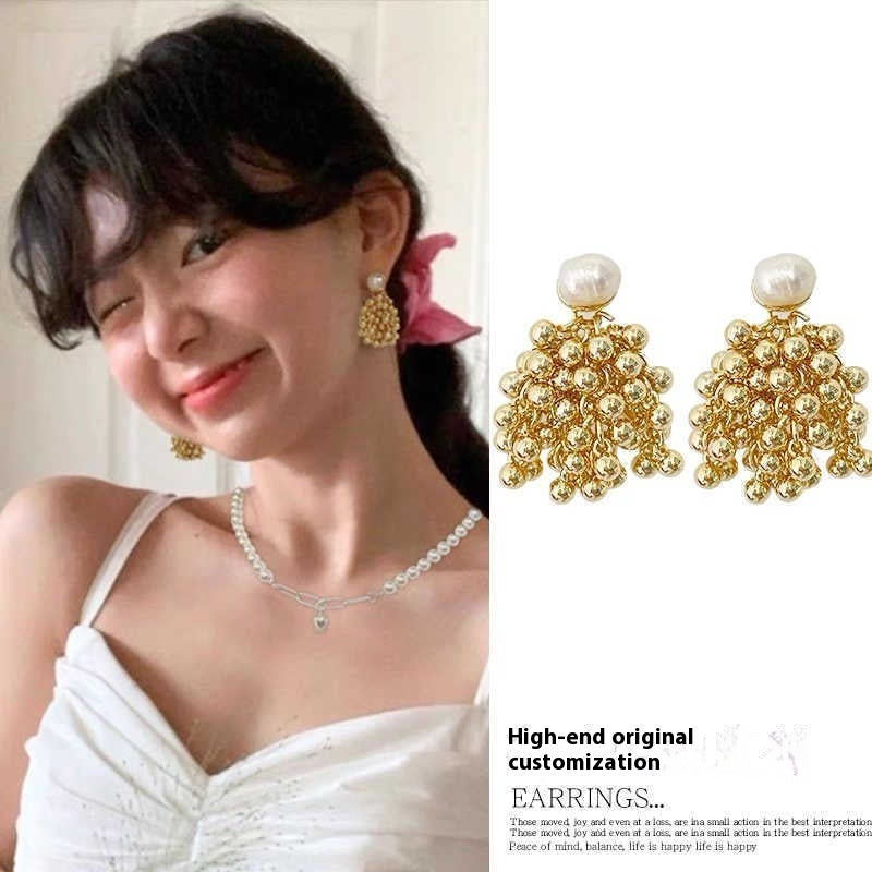 Pearl Metal Ball Long Earrings