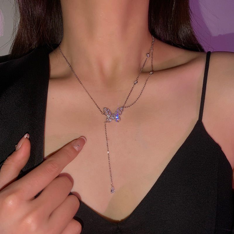 Double-layer Zircon Butterfly Tassel Necklace