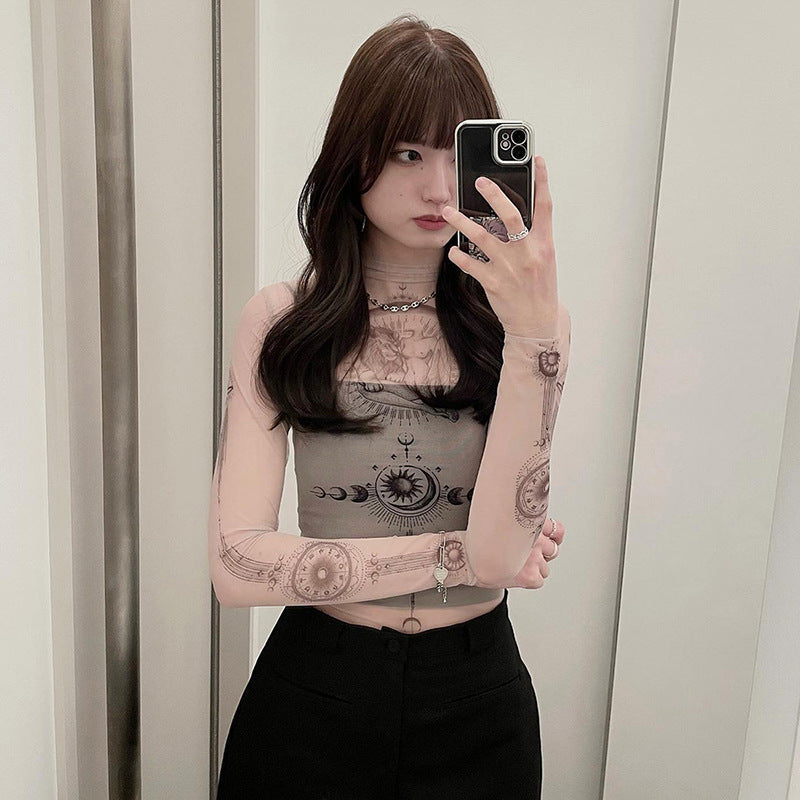 Sexy Hot Girl Style Pattern Printing Long Sleeve Mesh Inner Wear Slim Fit Slimming Top