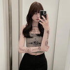 Sexy Hot Girl Style Pattern Printing Long Sleeve Mesh Inner Wear Slim Fit Slimming Top