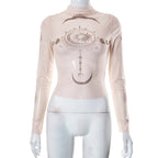 Sexy Hot Girl Style Pattern Printing Long Sleeve Mesh Inner Wear Slim Fit Slimming Top