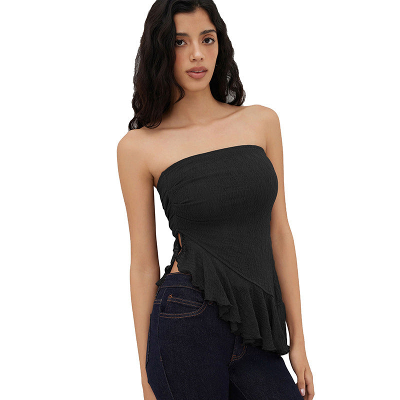 European And American Pure Color Tube-top Voile Wavy Edge Sexy T-shirt