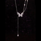 Double-layer Zircon Butterfly Tassel Necklace