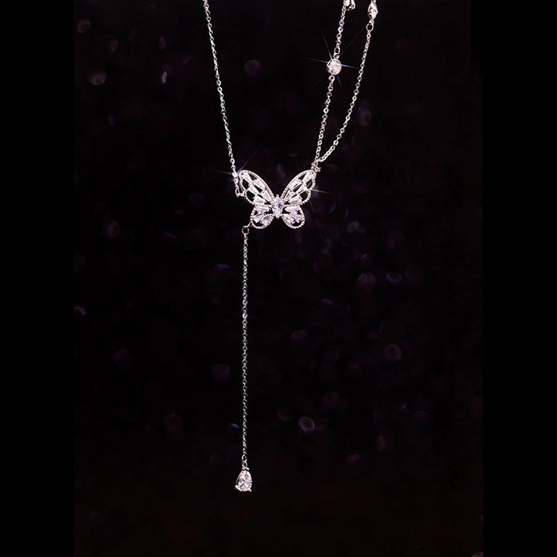 Double-layer Zircon Butterfly Tassel Necklace