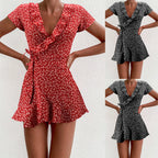 European And American Summer V-neck Ruffled Lace A-line Slim Dress