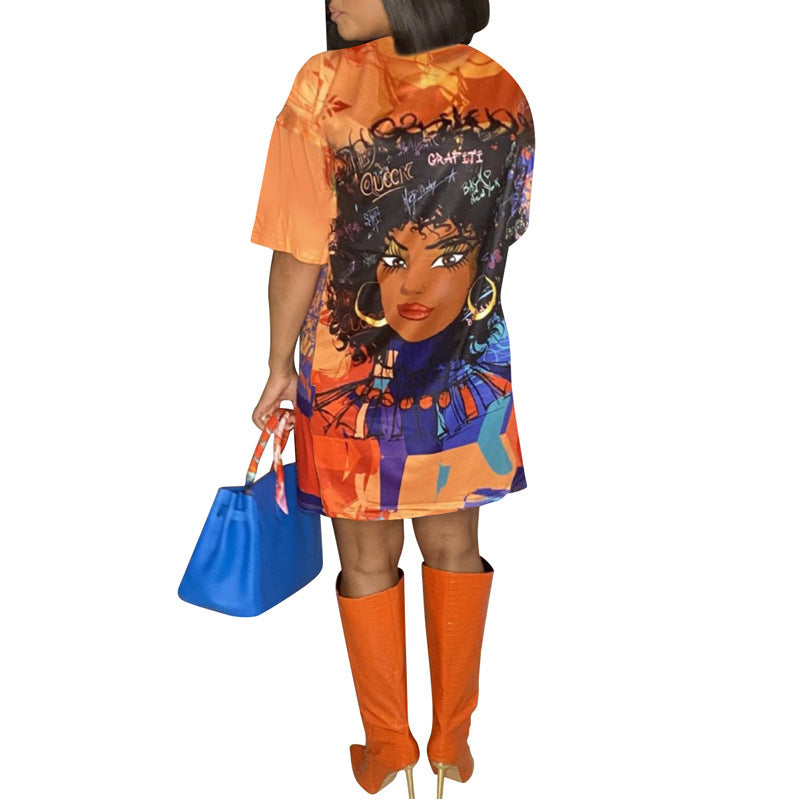 Printed Round Neck Short Sleeve Loose Dress