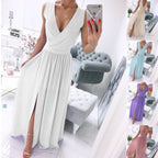 Women's Summer Sleeveless And Ankle Skirt Solid Color V-neck Front Split Long Dress