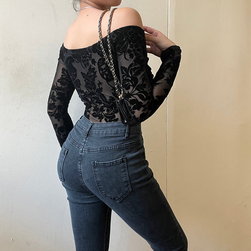 Lace Printed Slim-fit Jumpsuit European And American Style Flocking Off-shoulder Long-sleeved Top