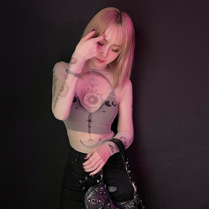 Sexy Hot Girl Style Pattern Printing Long Sleeve Mesh Inner Wear Slim Fit Slimming Top