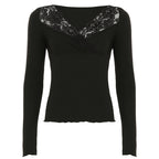 Lace Stitching Cross V-neck Long Sleeve