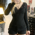 Lace Stitching Cross V-neck Long Sleeve