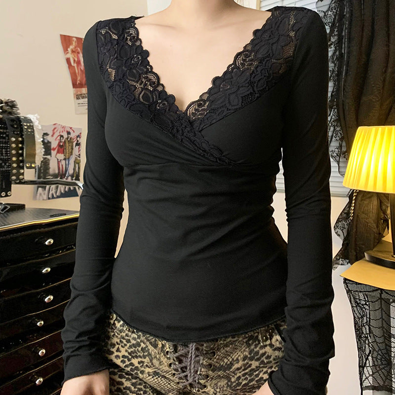 Lace Stitching Cross V-neck Long Sleeve