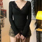 Lace Stitching Cross V-neck Long Sleeve