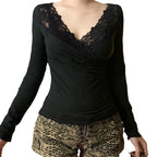 Lace Stitching Cross V-neck Long Sleeve