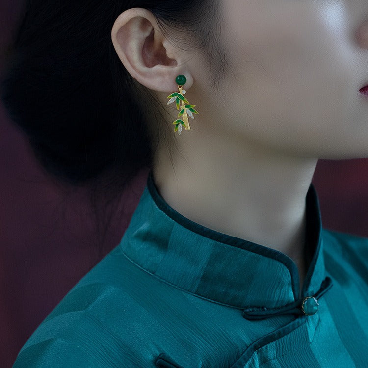 Vintage Cheongsam Ancient Costume Bamboo Leaf Earrings