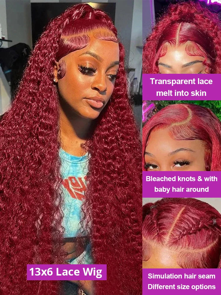 40 Inch Red Wig 99J Burgundy Lace Front Wig 13X4 Curly Human Hair Wigs Hd Lace Wig 13X6 Human Hair Colored Deep Wave Frontal Wig