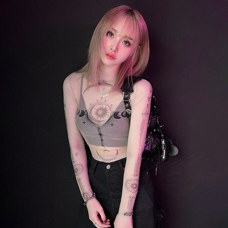 Sexy Hot Girl Style Pattern Printing Long Sleeve Mesh Inner Wear Slim Fit Slimming Top