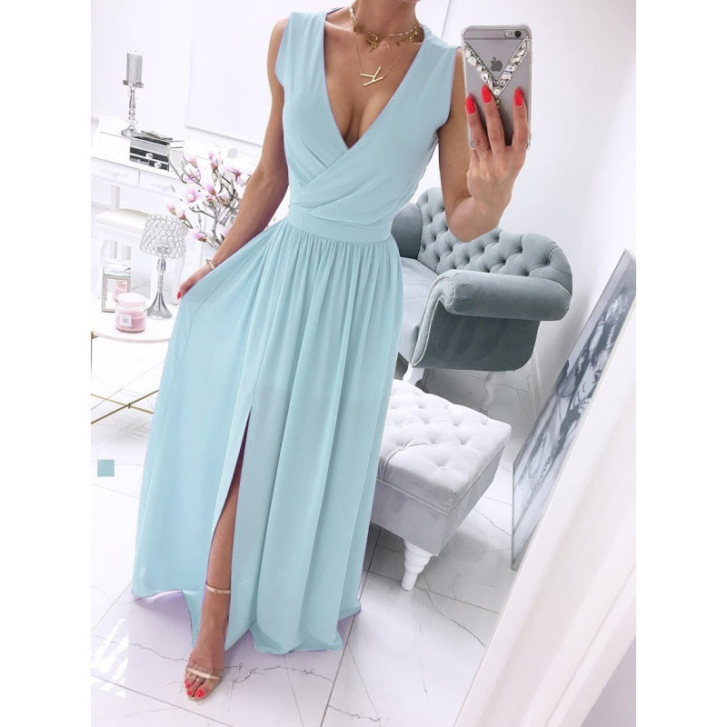 Women's Summer Sleeveless And Ankle Skirt Solid Color V-neck Front Split Long Dress