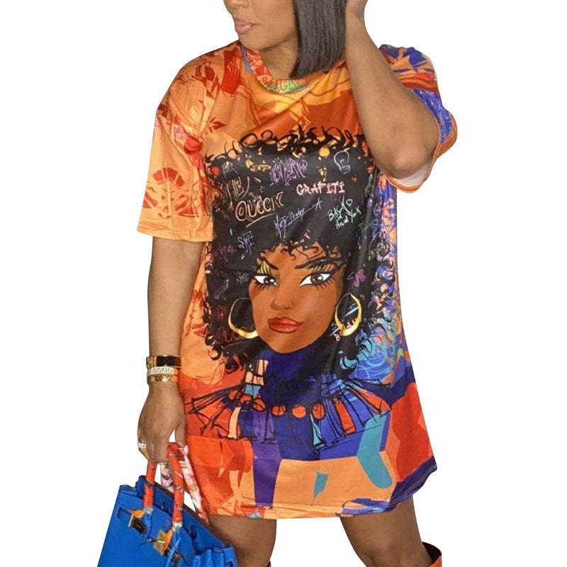 Printed Round Neck Short Sleeve Loose Dress